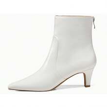Coutgo Womens Low Kitten Heel Short Boots Fall Square Pointed Toe Ankle Boots Leather Dress Booties With Zipper, White - 白色 - 查看 3