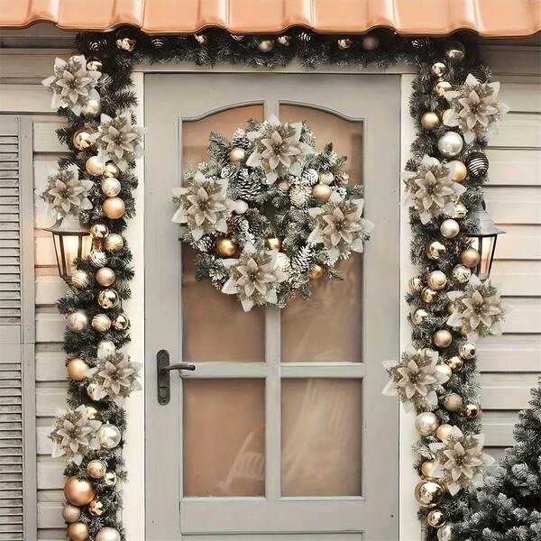 A Set Of 10/5 Pieces Of 15cm Multi-Colored Christmas Flowers With Three Layers, Featuring A Golden Hollowed-Out Mesh. Christmas Tree Flower Garland Vine Decorations, Christmas Imitation Flowers. For Christmas Tree Decoration, Wedding Party Wreath Decoration Home Decor Christmas Decorations Room Decor Winter