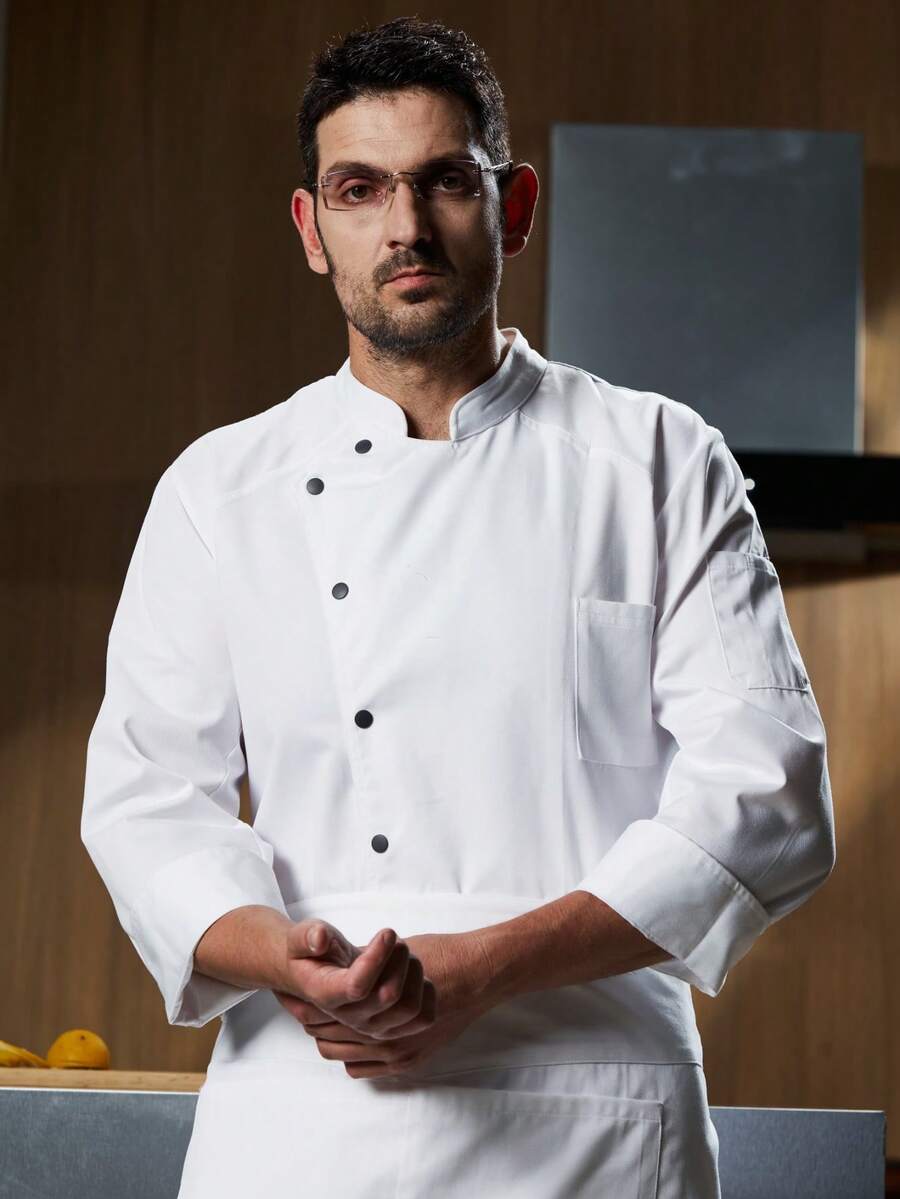 Long-Sleeved Chef's Uniform With Snap Buttons, Suitable For Autumn And Winter, Round Neck, Comfortable Fabric Chef's Coat. - 白色 - 查看 1