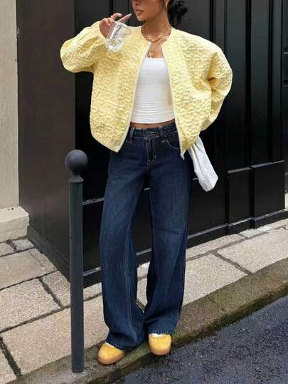 Women's Yellow Fuzzy Polyester Long Sleeve Zipper Round Neck Regular Coat