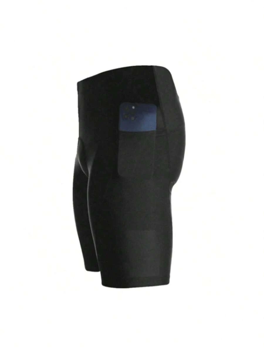 Black Solid Color Sports Shorts With Pockets, Suitable For Running And Cycling - Black - View 1