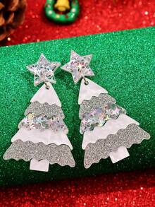 1 Pair Fashionable & Glamorous Colorful Cute Cartoon Sparkling Unique Creative Silver Glitter Christmas Tree Acrylic Dangle Earrings For Women, Suitable For Daily Wear, Holiday Party Jewelry