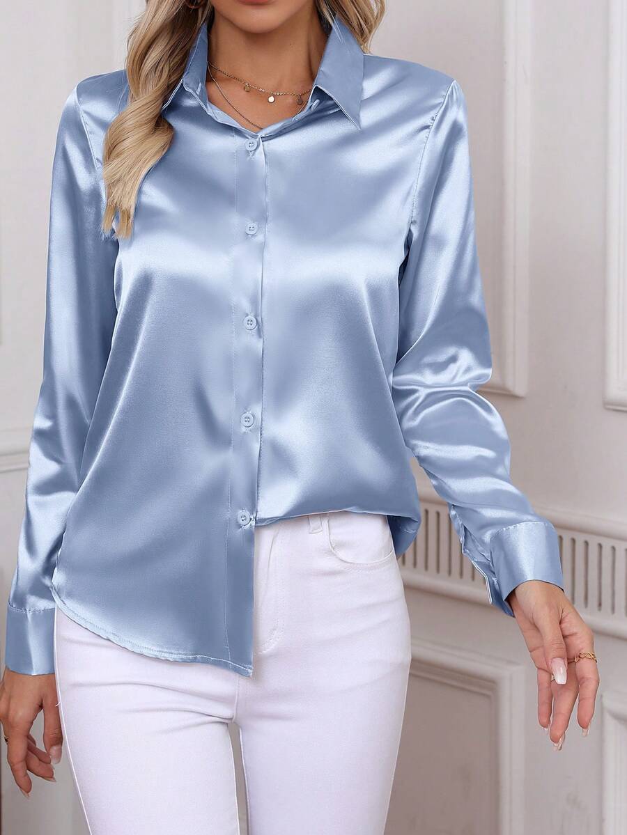Plus Size Women Elegant Poplin Shirt, Classic Solid Color Soft Comfortable Single-Breasted Long Sleeve Blouse, 2025 Autumn/Winter New Women Clothing Plus Size Top