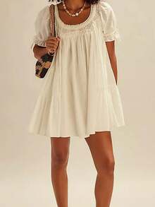 Baby Doll Mini Dress For Women Summer Solid Color Loose Bubble Short Sleeve Scoop Neck Dress - trắng - Xem 3