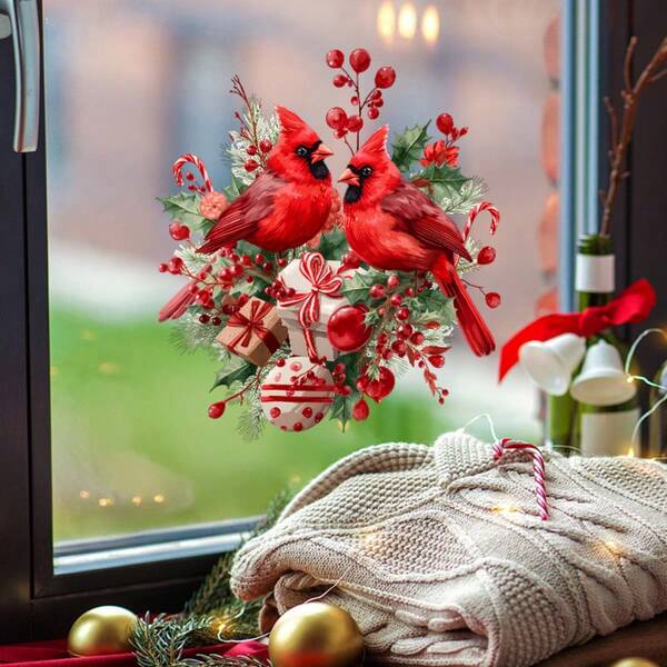 Pegatinas de ventana con diseño de pájaros cardenales navideños, calcomanías de pájaros rojos con diseño de acebo y bayas, para decoración de sala de estar, dormitorio, baño, refrigerador, inodoro, autoadhesivas, removibles, formas asimétricas, suministros para fiestas de Navidad