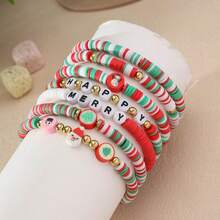 Set de 7 piezas/paquete de pulseras elásticas de cuentas de arcilla suave con diseño bohemio de Navidad en rojo, blanco y verde - Colgante de Papá Noel, árbol de Navidad, cuentas con letras, pulsera de , pulsera para compartir en familia (color aleatorio - sin tarjeta)