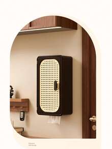 A Mid-Century Style Side-Opening Tissue Box, Storage Box, Storage Bin, Daily Household Chinese-Style Retro Rattan Tissue Box, Wall-Mounted Storage, Cosmetics Storage Box, Punch-Free Storage Box, Suitable For Toilets, Living Rooms, Kitchens, And Bedrooms