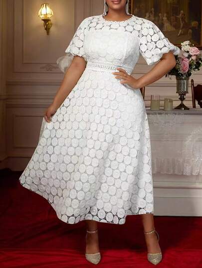 Plus Size Women's Polka Dot Elegant Jacquard Dress, Suitable For Party, Evening Date