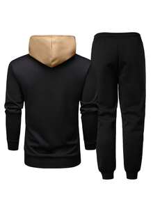 Men's Spring/Autumn Letter Print Contrast Color Hoodie And Drawstring Waist Pants Set, Fashionable Sportswear Casual Outfit For Commuting, Work, Fishing, Camping, Vacation, Gym, Leisure Wear, Great Gift For Boyfriend/Husband