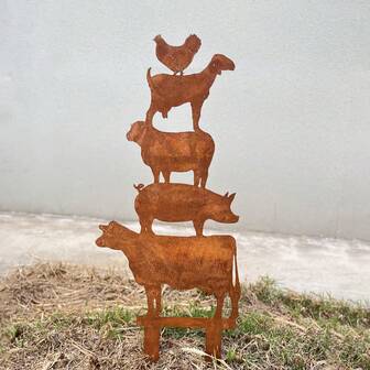 Vintage Iron Animal Sculpture | Overlapping Cow, Sheep, Pig, Chicken Design, Rustic Iron Farmhouse Garden | Countryside Style Yard, Lawn Decor, Creative Farmhouse Decor , Christmas Livestock Sign, Farming Gift
