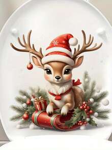 1 pieza Adorable pegatina de reno navideño - Decoración festiva para baño, inodoro y pared con gorro de Papá Noel, regalos y acentos de acebo, calcomanía de plástico autoadhesiva para decoración del hogar, decoraciones navideñas, pegatinas de pared