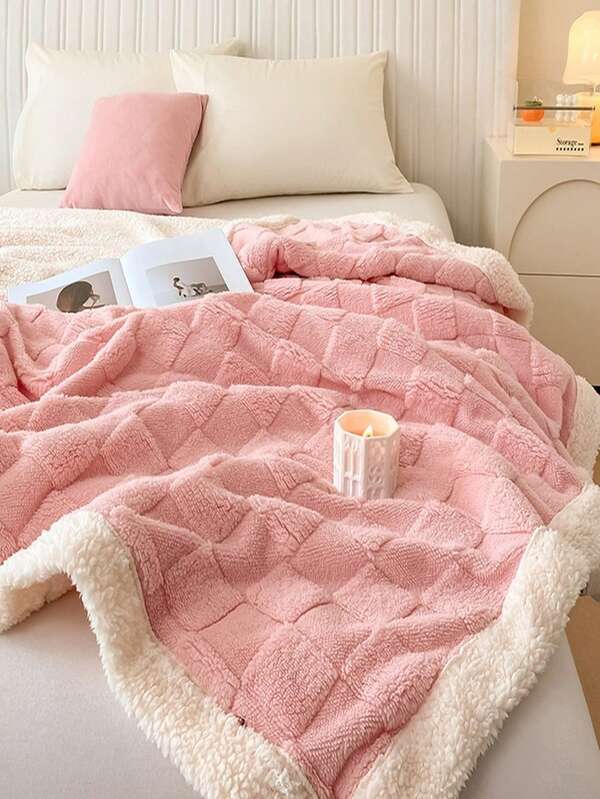 1 Piece Of Pink Checkered Polyester Wool Blanket, Simple And Comfortable Soft Blanket, Imitation Rabbit Hair With Velvet Cover, Suitable For Office Nap Blanket, Home Decoration, Bedroom, Sofa, Outdoor Camping, Back To School, Christmas, Fashionable Room Bedroom Decoration Accessories, New Year, Machine Washable, Suitable For All Seasons, Multiple Sizes To Choose From