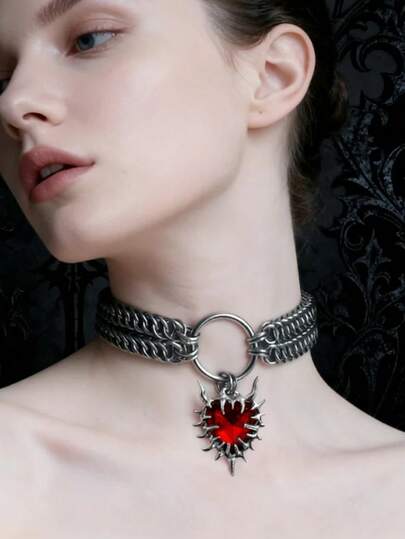 1pc Punk Heart Rivet Pendant Necklace, Metal Colorful Necklace Suitable For Party, Festival, Performance Outfit Matching