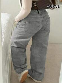Pantalones rectos básicos casuales para mujeres de talla grande, ideales para el uso diario en primavera - Gris Claro - Ver 5