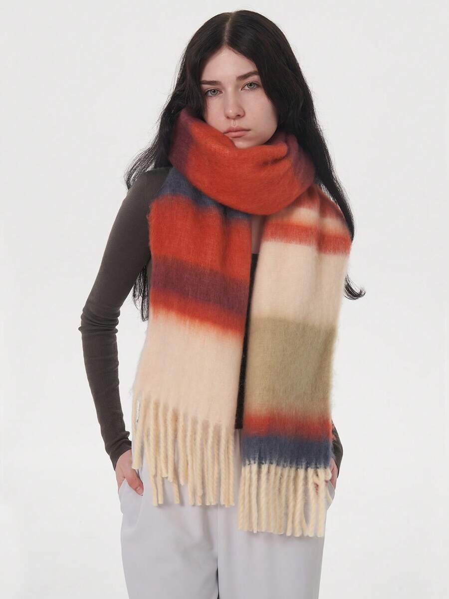 1 szt. Damski szalik w paski z łatkami, elegancki i uroczy, wykonany z włókna poliestrowego, uniwersalny, ciepły i gruby, idealny na jesień i zimę, odpowiedni do noszenia wewnątrz i na zewnątrz
