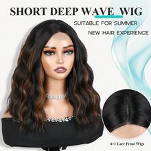 4*1 Lace Front Deep Wave Wigs Short Highlight Brown Curly Wave Wig For Women Synthetic Fiber 16 Inch Mix Brown Wavy Wigs Natural Looking Water Wave Synthetic Wig Middle Part Body Wave Wig Curly Hair Wigs For Daily Life Use