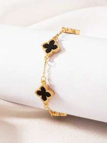 1pc Fashionable & Elegant Golden Lucky Clover Bracelet For Women, Suitable For Daily Wear, Best Summer Gift For Friends - Black - View 2