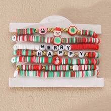 Set de 7 piezas/paquete de pulseras elásticas de cuentas de arcilla suave con diseño bohemio de Navidad en rojo, blanco y verde - Colgante de Papá Noel, árbol de Navidad, cuentas con letras, pulsera de , pulsera para compartir en familia (color aleatorio - sin tarjeta)