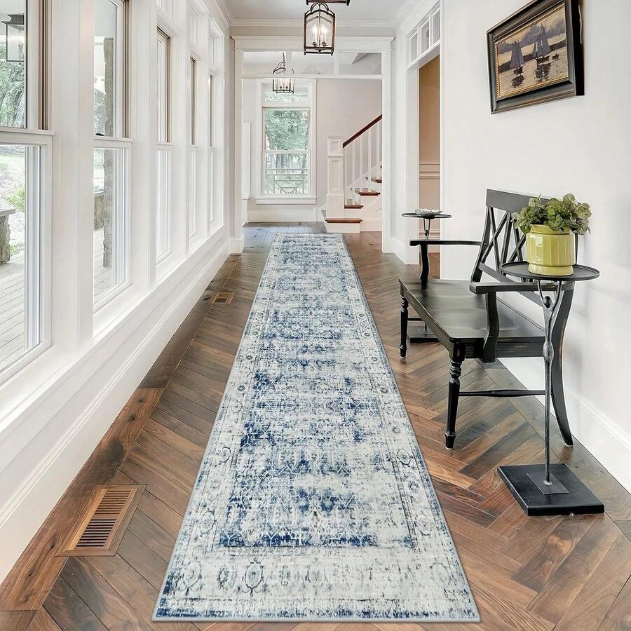 Vintage Washable Laundry Room Rug And Mat, Blue Non-Slip Long Runner, Indoor Long Mat, Distressed Style Entryway Doormat, Blue, MOREBES