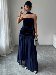 Długa letnia sukienka damska LilyHouse, elegancka, romantyczna sukienka z wdziękiem, idealna na formalne kolacje, przyjęcia świąteczne, codzienne randki i inne okazje. Wzór z satynowej wstążki, dopasowana sukienka bez ramiączek z kontrastowej siateczki, elegancka sukienka na imprezę. - Granatowy - Zobacz 4