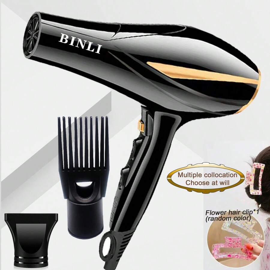 1pc Nylon Hairdryer With Comb & Diffuser Attachments, High Power One-Key Hot/Cold Air Dual Switch Hair Dryer, High Airflow With Gold Rear Cover, Random Hurricane Nozzle Style
