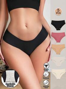 5Pcs Seamless Panties Low Waist Women's Briefs Elasticity Panty Comfortable Breathable Underwear Woman Set Ultra Thin Lingerie Sexy Underpants Solid Color Traceless Knickers Soft Minimal Style Shorts Thongs For Daily Wear