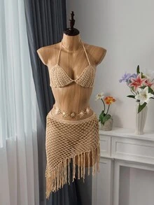 Bellisia Conjunto de xale de crochê dourado feminino para resort, praia para férias de verão