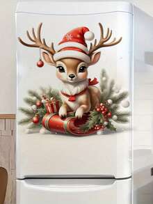 1 pieza Adorable pegatina de reno navideño - Decoración festiva para baño, inodoro y pared con gorro de Papá Noel, regalos y acentos de acebo, calcomanía de plástico autoadhesiva para decoración del hogar, decoraciones navideñas, pegatinas de pared