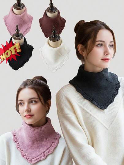 1 peça cachecol triangular de renda de malha de cor sólida feminino, cachecol de gola falsa quente, moderno e versátil, estilo casual, macio e doce, adequado para o calor do outono/inverno e uso diário