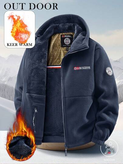 新款男士秋冬连帽羊毛夹克，羊羔绒内衬户外情侣棉服，适合 5°C 以下户外活动