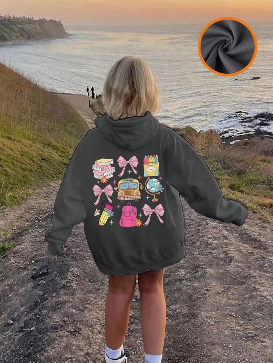一件少女休闲印花套头卫衣,保暖内衬,长袖,秋冬季学生青少年服装 - 趣味多彩的卫衣,激发每个孩子的想象力 - 深灰色 - 查看 1