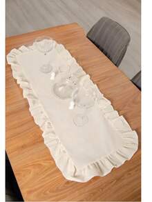 Linen 2-Piece Ruffled Table Runner Set | Elegant Dining Table Decoration | Durable & Stylish | 40 X 110 Cm - Made In Turkey - Creamy White - View 3