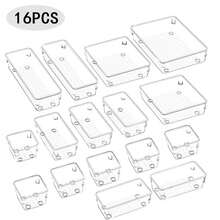 1/16/25 صندوق منظم مستحضرات التجميل للأدراج، صناديق تخزين مستحضرات العناية بالبشرة على سطح الخزانة، مجموعة منظمات أدراج بلاستيكية شفافة قابلة للتركيب، صناديق تنظيم خزانة المكياج الشفافة، صناديق تخزين أنيقة، منظمات وصناديق تخزين لأدراج المكتب، مناسبة لمستحضرات التجميل والمجوهرات والأدوات الصغيرة في المطبخ والنوم والحمام والمكتب وديكور أدراج المكتب