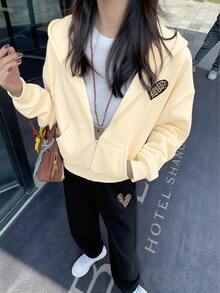 Girls' Two Pieces Casual Suit With Leopard Heart Print, Zipper Sweatshirt And Leopard Heart Pattern Cuffed Sweatpants, Pants, Autumn And Winter Clothes, Suitable For Shopping, Party, Sports, Travel, Party And School, Teen Girls' Clothing, Suit