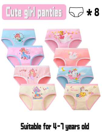 8pcs/Pack Cute Mermaid Princess Pattern Girls' Comfortable Breathable Cotton Briefs, Skin-Friendly Daily Underwear