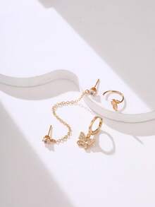 Tkool 3 件套耳环：优雅蝴蝶镶嵌闪亮锆石圈形耳环、可爱蝴蝶耳钉、精致流苏耳环，适合约会 - 金黃色 - 查看 5