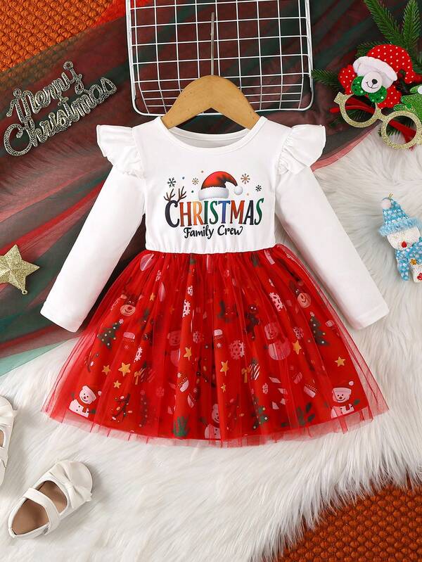 Vestito a maniche lunghe da bambina con stampa digitale di pupazzo di neve e albero di Natale, adatto per regali di feste natalizie