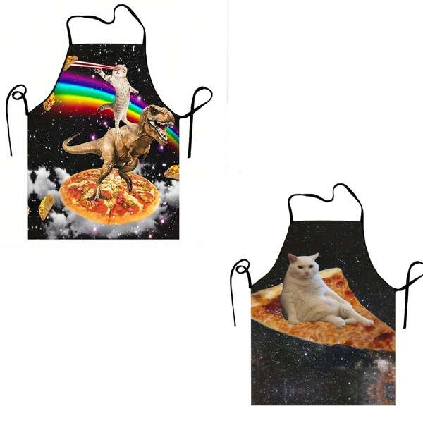 1 pièce Tablier de barbecue amusant, tablier de fête, tablier imprimé chat espace pizza, convient pour la cuisine, le barbecue, la protection au jardin