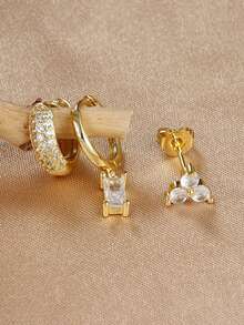 3 件几何锆石圆形耳环套装，适合女士，18K 镀金防过敏耳屏耳轮圈耳钉软骨穿孔首饰，适合日常佩戴 - 金-20 - 查看 2