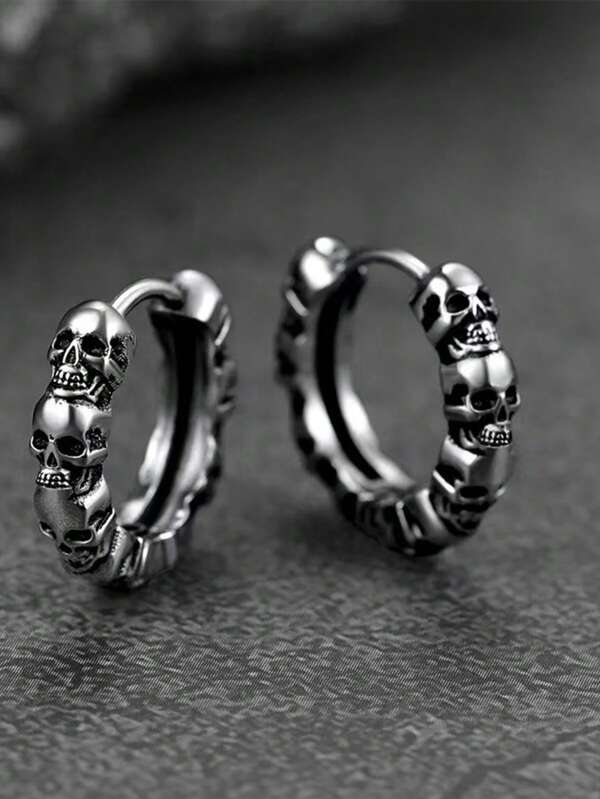 1 par de pendientes únicos de estilo europeo y americano para hombres, pendientes con textura de calavera de estilo callejero, hip hop y punk, adecuados para Halloween y Navidad