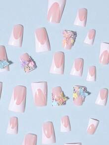 Y2K 24Pcs Long Duck Nail White French Tip Press On Nails 3D Alloy Cross, Snake-Shaped Decoration With Rhinestone Design Fit Perfectly Acrylic False Nail, Contain 1Pc Jelly Glue And 1Pc Nail File, Duck Nails French Tip Nails For Woman & Girl Diy Daily Work Festivals Party Use Nail Supplies Nails (The Random Shipping Pictures Are For Reference Only) Christmas Press On Nails Acrylic Press On Nails Nails Nail Supplies