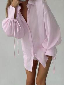 女士时尚优雅翻领长袖经典系带衬衫，梭织面料，休闲办公日常约会装，春秋季粉色 - 粉色 - 查看 5