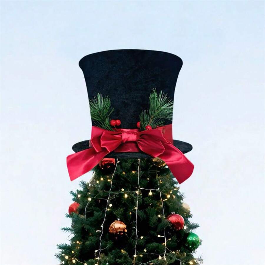 Christmas Tree Topper Hat Decorative Bow Top Hat Christmas Tree Decoration For Holiday Home Decor - Black - View 1