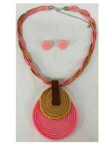 Braided Wire Necklace Set With Double Pendant + Resin Button Earrings – Sophistication In Every Detail. - Baby Pink - View 4