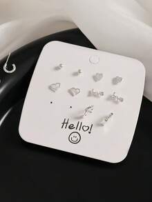 Set de 6 pares de aretes con diseño de corazón y forma de C chapados en plata para mujeres, regalo para mamá o novia