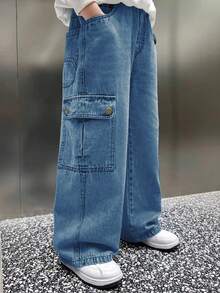 Loose Straight Leg Washed Cargo Pants For Teenage Boys & Youth - Dark Wash - View 5