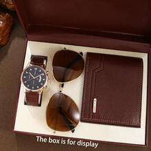 3-Piece Luxury Gift Set For Men: Brown Strap Quartz Watch (Black Dial, Roman Numerals, Date Display, Rhinestones) + Gold Aviator Sunglasses With Brown Lenses + Brown PU Leather Wallet, Fashionable For Daily And Business Use, Perfect Birthday/Anniversary/Christmas Gift
