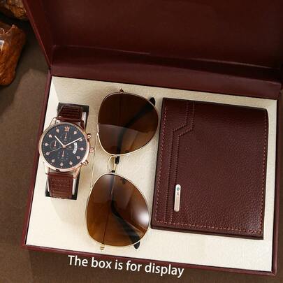 3-Piece Luxury Gift Set For Men: Brown Strap Quartz Watch (Black Dial, Roman Numerals, Date Display, Rhinestones) + Gold Aviator Sunglasses With Brown Lenses + Brown PU Leather Wallet, Fashionable For Daily And Business Use, Perfect Birthday/Anniversary/Christmas Gift