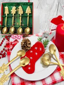 4pcs Christmas Dinner Set, Christmas Spoons, Creative Stainless Steel Mixing Spoons, Suitable For Soup And Desserts, 4 Different Styles (Golden) Gift Box Packaging, A Great Gift For Gifting, Family Gatherings, Backyard Parties.