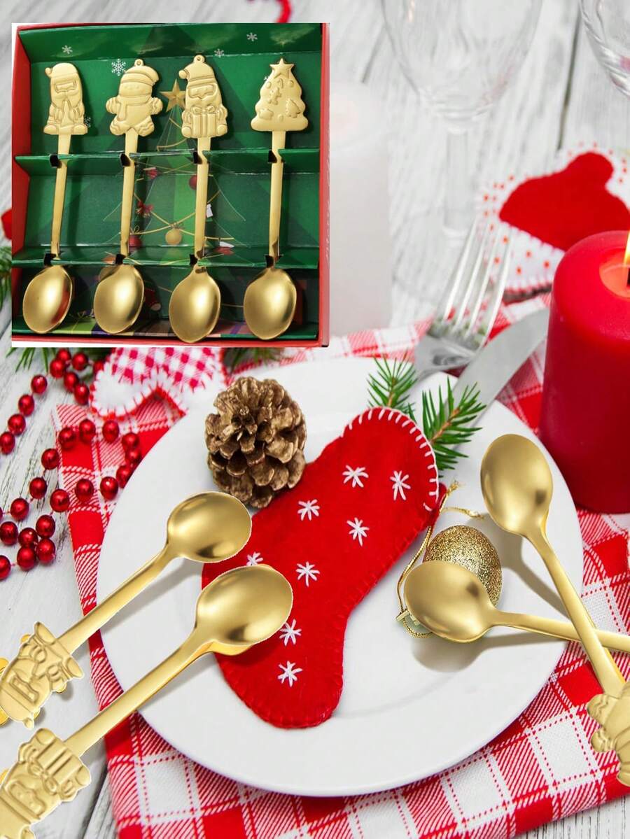 4pcs Christmas Dinner Set, Christmas Spoons, Creative Stainless Steel Mixing Spoons, Suitable For Soup And Desserts, 4 Different Styles (Golden) Gift Box Packaging, A Great Gift For Gifting, Family Gatherings, Backyard Parties.